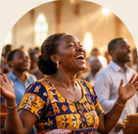 A woman in a colourful dress singing in worship