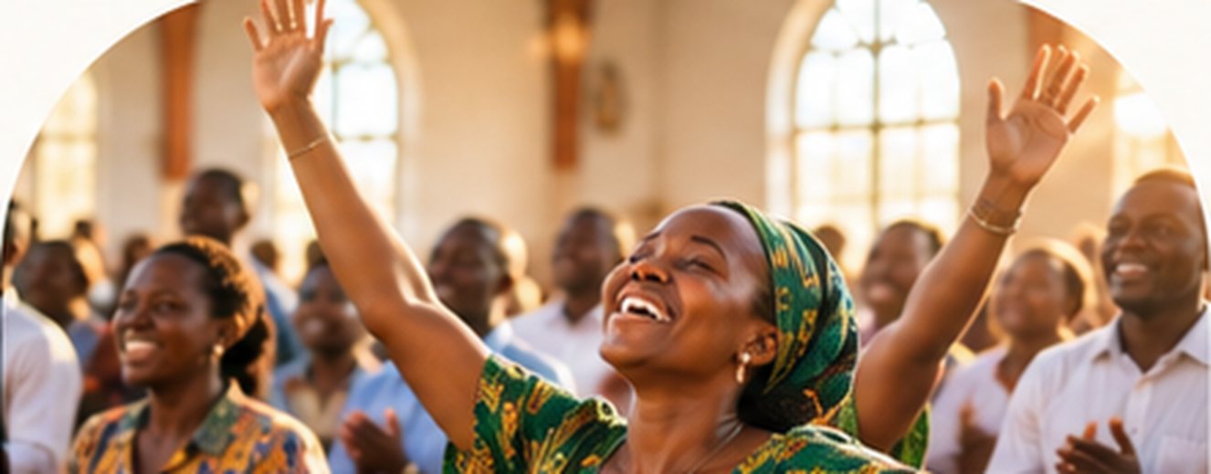 A joyful woman worshipping with hands raised among the congregation